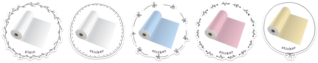 White plain paper and white sticker available as well as colored sticker papers (blue, pink, and yellow).